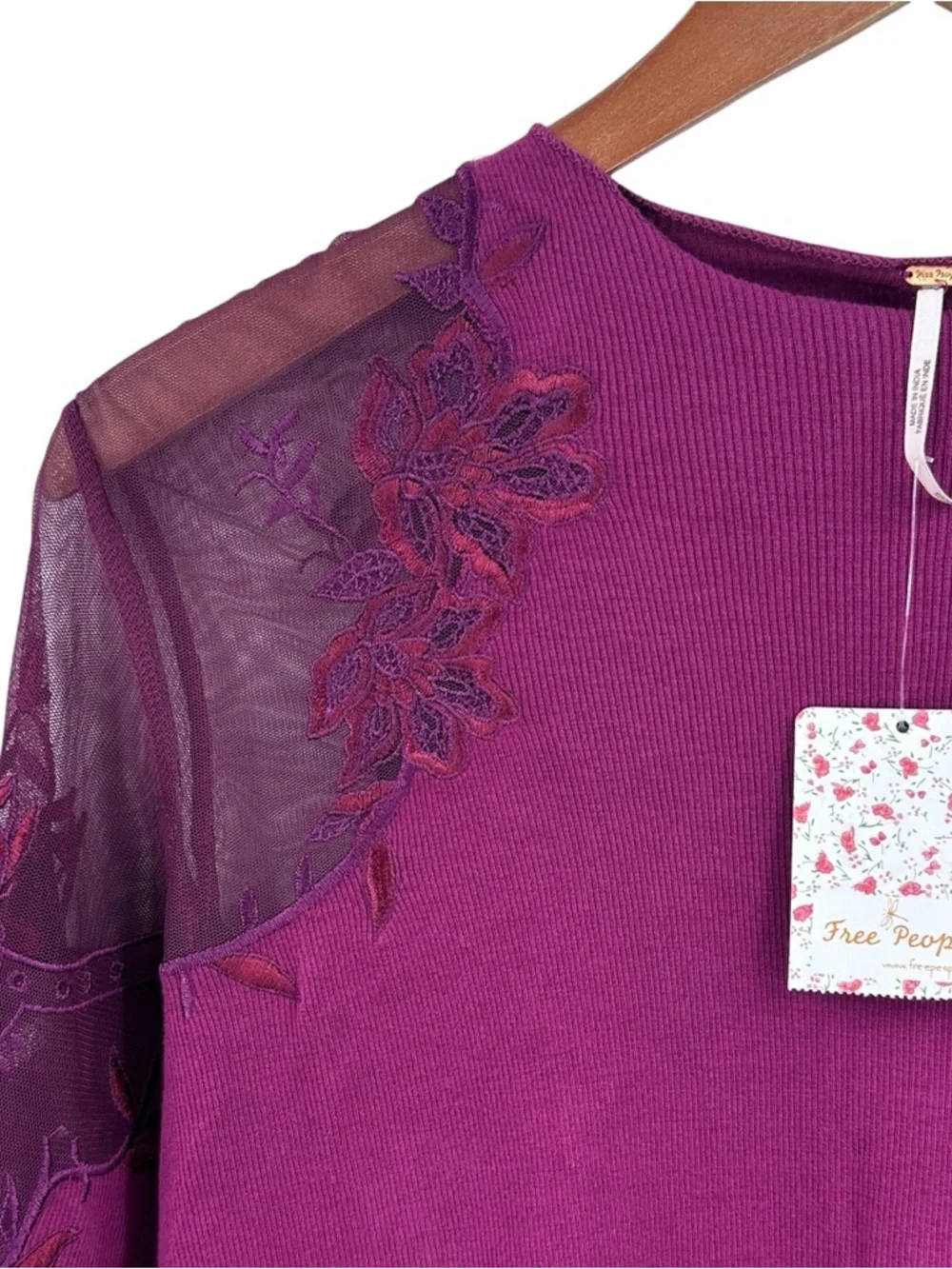 New FREE PEOPLE Daniella Illusion Blouse Cold Shoulder Mesh Wine Purple